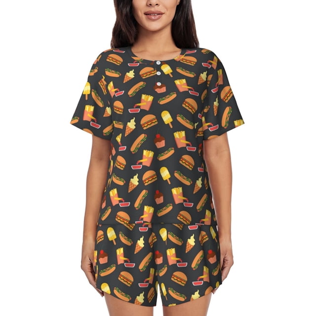 Fotbe Fast Food Conjunto de Pijama Estampado para Mujer, 2 Piezas, Ropa de Dormir con Camiseta de Manga Corta y Shorts Suaves-4X-Large