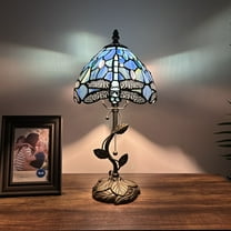 Tiffany Table Lamp Blue Stained Glass Dragonfly LED Bulb Included for Living Room Bedroom Bedside 8"W*8"D*16"H