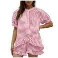 thumbnail image 4 of adviicd Womens 2 Piece Ruffle Pajama Set Gingham Pjs Short Sleeve Babydoll Shirt and Shorts Plaid Sleepwear Outfits (Pink, M), 4 of 7