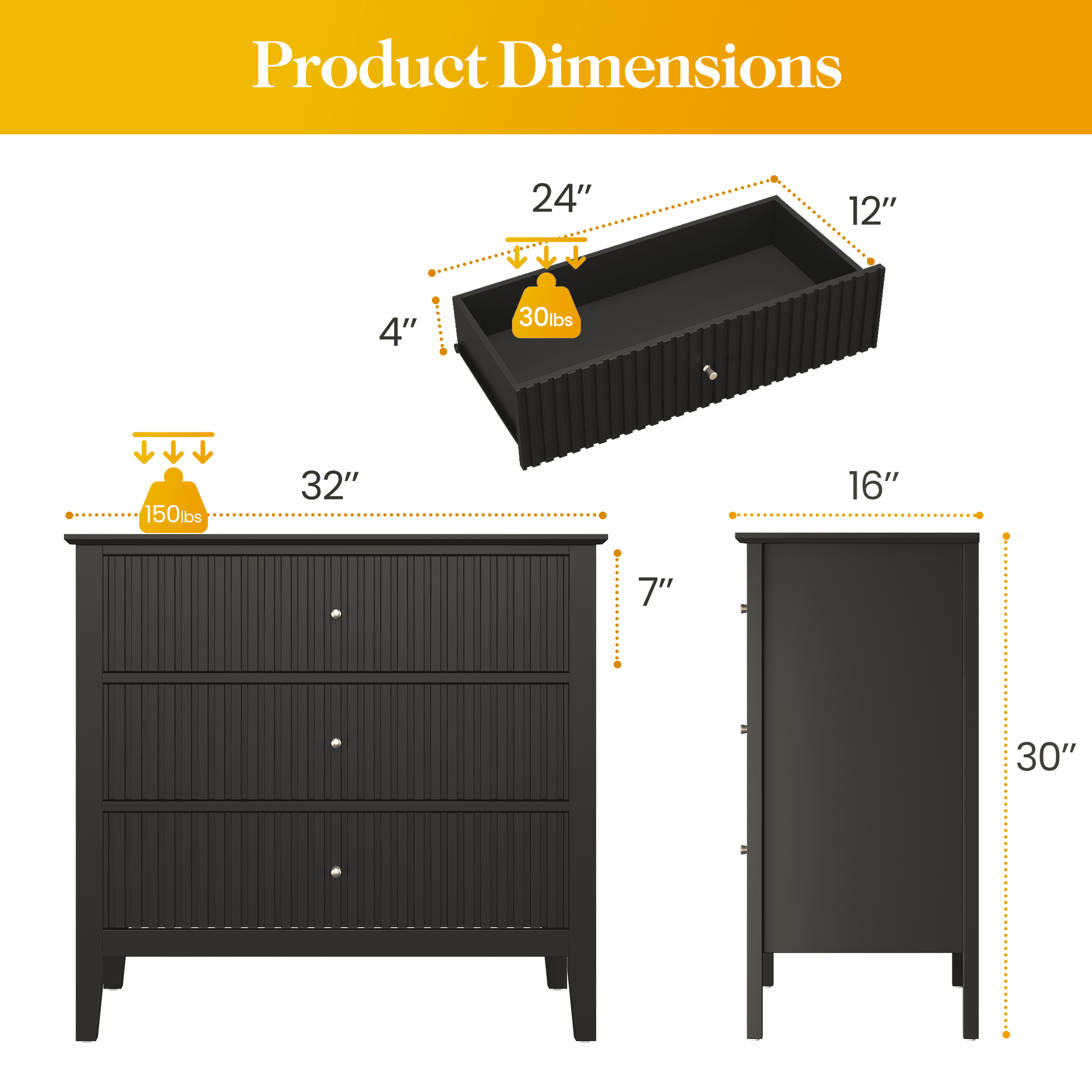 Cozy Home Black 3 Drawer Dresser Set of 2, Painted Tall Wood Nightstand with Storage, for Bedroom Hallway Living Room Entryway Office