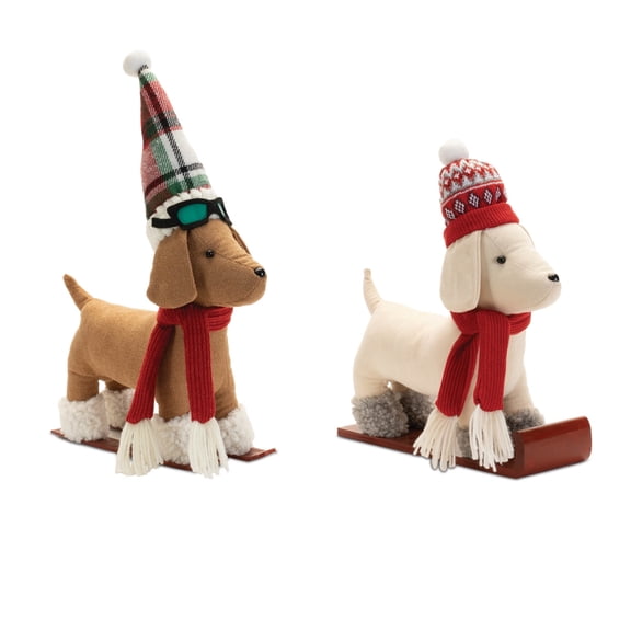 Melrose Plush Dog on Sled and Skis Christmas Figurine Decorations - 16.5" - Set of 2