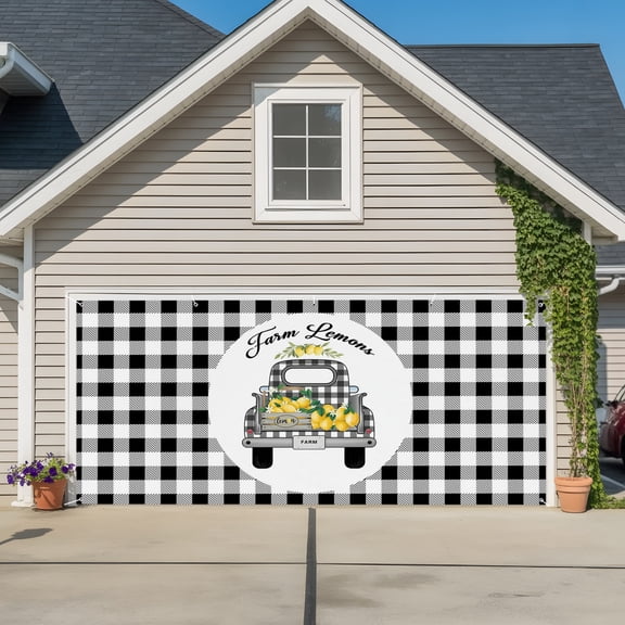 Farm Lemons Garage Door Banner Covers, Black and White Buffalo Plaid Summer Lemon Truck Large Hanging Indoor/Outdoor Backdrop Background for Christmas Winter Party Decor, 6.9x8ft