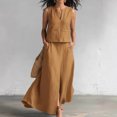 thumbnail image 2 of Womens Linen Look 2 Piece Sets With Sleeveless V Neck Vest And Side Slit Maxi Skirt Featuring Functional Pockets And Solid Color Brown XXL, 2 of 6