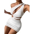 thumbnail image 6 of hirigin Women Summer Party Dress, Solid Color Hollow Out One-Shoulder Sleeveless Ruched Wrap One-Piece for Ladies, White, 6 of 9