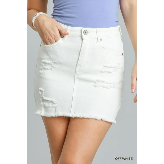Umgee Distressed Raw Hem High Waist Denim Skirt