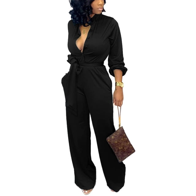 Mono SxClub elegante negro con cuello en V y manga larga para mujer