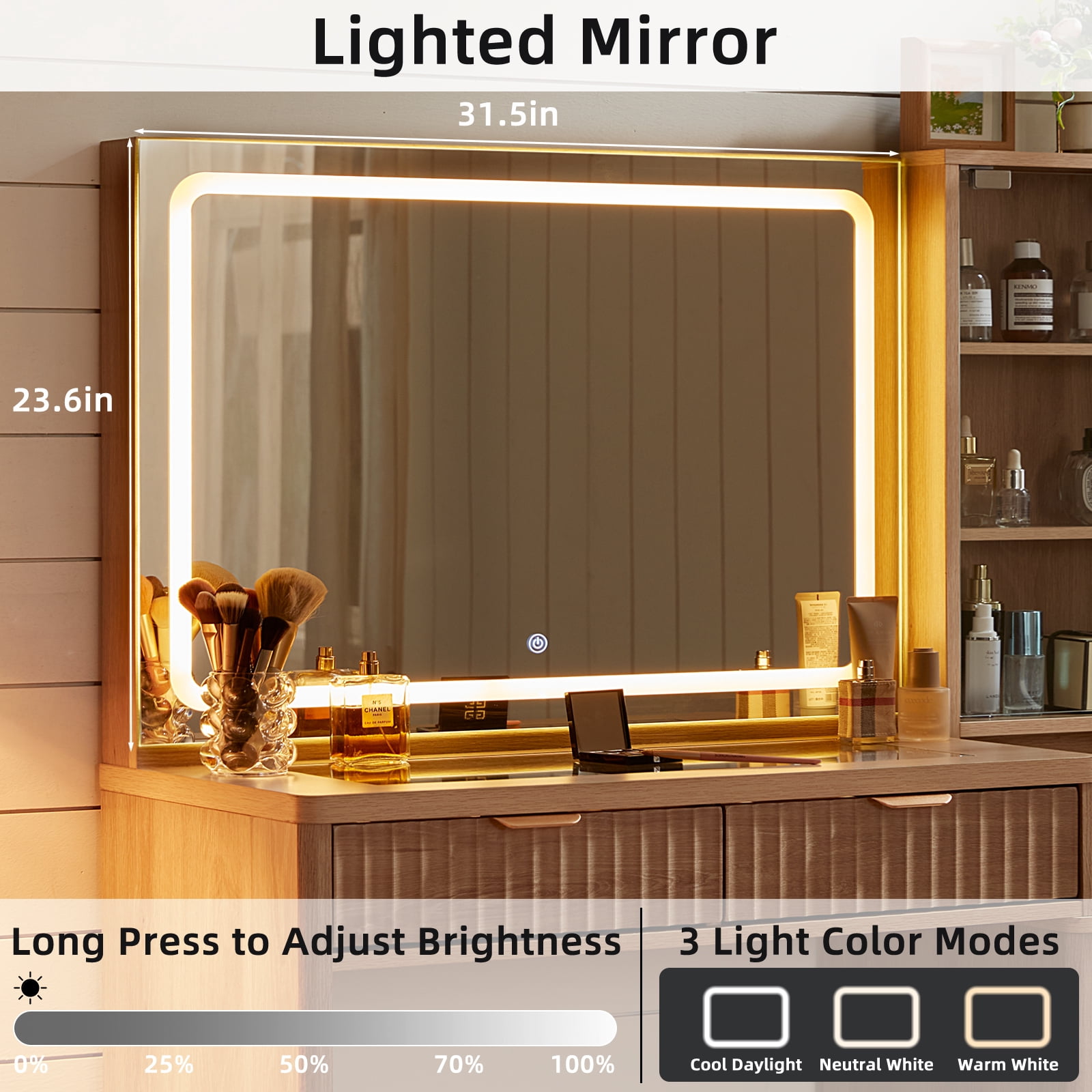 Leyaoyao 43.5 Fluted Makeup Vanity Desk with Mirror and LED Lights, Wood Makeup Vanity with Power Outlet & 3 Shelves for Living Room, Natural Oak