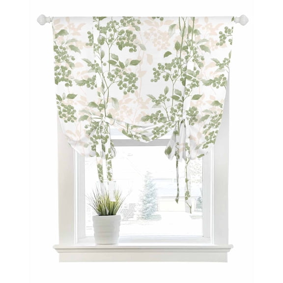 Sage Green Botanical Tie Up Curtains for Window, Thermal Insulated Balloon Shade Adjustable Rod Pocket Curtains Valance Panels for Kitchen Bathroom Cafe 52 x 45 Vintage Nature Flower