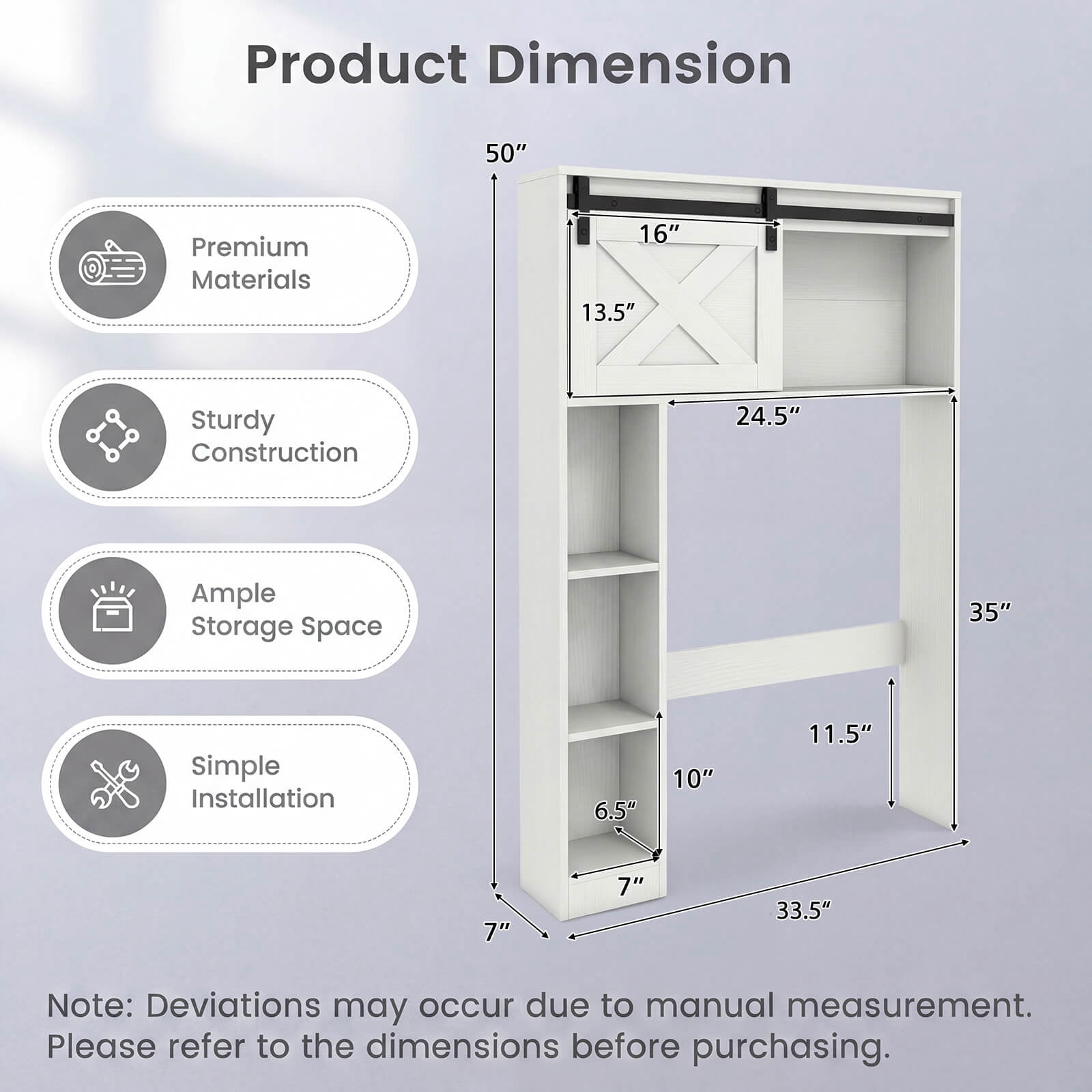Costway Over the Toilet Bathroom Storage Cabinet with Sliding Barn Door & Shelves White