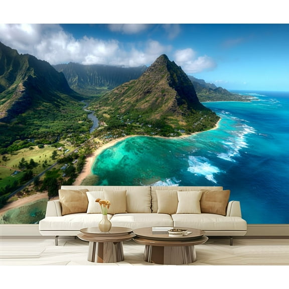 Peel and Stick Wallpaper Aerial View Kualoa area Oahu Hawaii Modern Art Wall Mural Decor Self Adhesive and Removable 69in x 98in