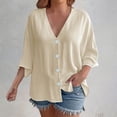 thumbnail image 4 of yunLCZ Women Shirts 3/4 Sleeve Blouses For Womens 2025 Summer V Neck Button Shirts Casual Plus Size Beach Tunic Tops Office Shirts Beige L, 4 of 4