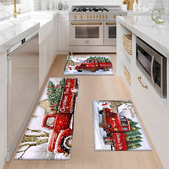 YIMEIS Merry Christmas Red Tree Fall Kitchen Mats Set of 3,Xmas Winter Seasonal Farmhouse Home Seasonal Decorations Rugs for Floor - 16''*24'' and 20''*30'' and 17''*47'' in