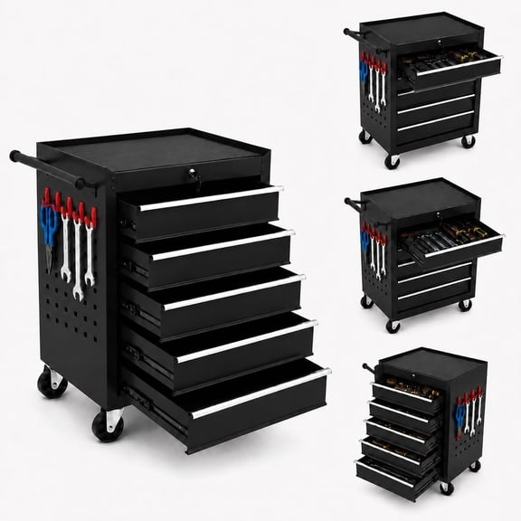 TacleeKii Rolling Tool Chest with 5 Drawers, Metal Tool Storage Cabinet with Locking System, Portable Tool Cart Organizer for Garage Workshop, Black