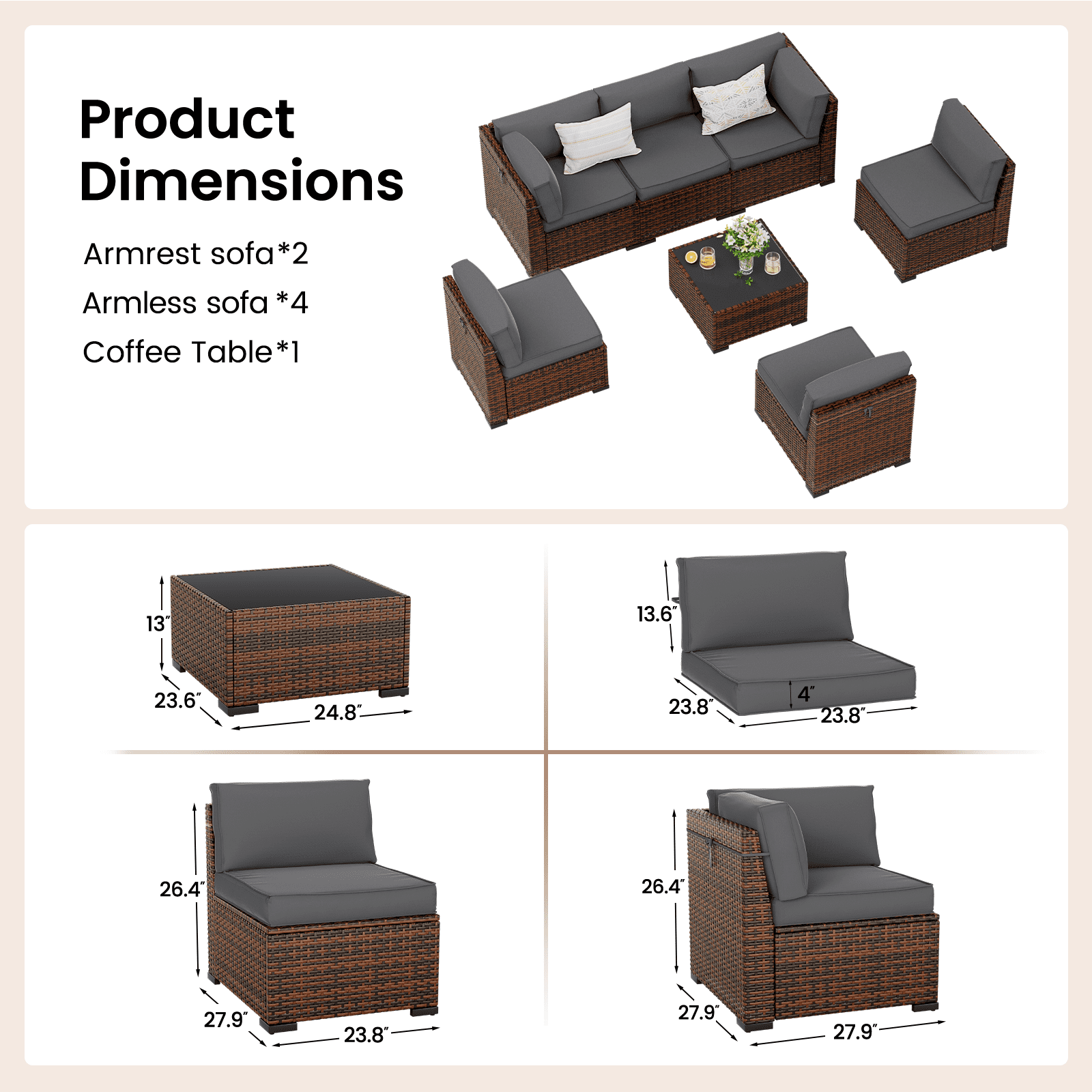 MRUAKA 7 Pieces Patio Furniture Set, Outdoor Furniture Sectional Rattan Sofa with Slanted Back, Patio Couch with Glass Coffee Table for Backyard Garden Dark Grey