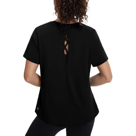 BALEAF Women's Short Sleeve Workout Shirts UPF 50+ Open Back Tops Sun Protection Athletic Yoga T-Shirts Black L