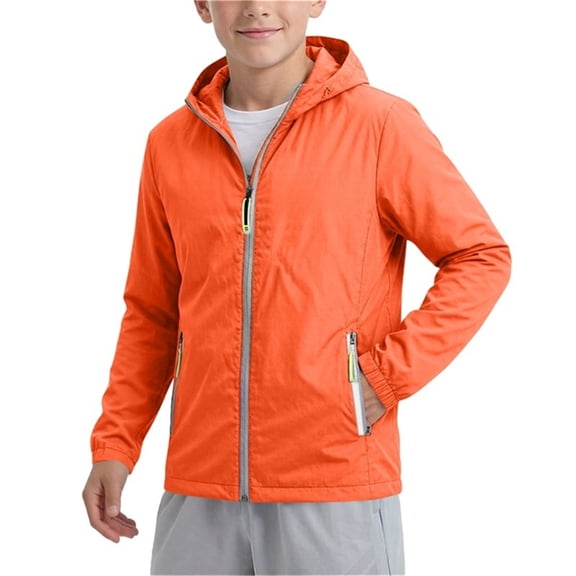 Kids' Solid Color Softshell Jacket, Lightweight Hooded Windbreaker with Zipper Side Pockets for Outdoor Play, Daily Outings and Casual Activities, Suitable for Kids, 3‑12 Years Orange 7-8 Years