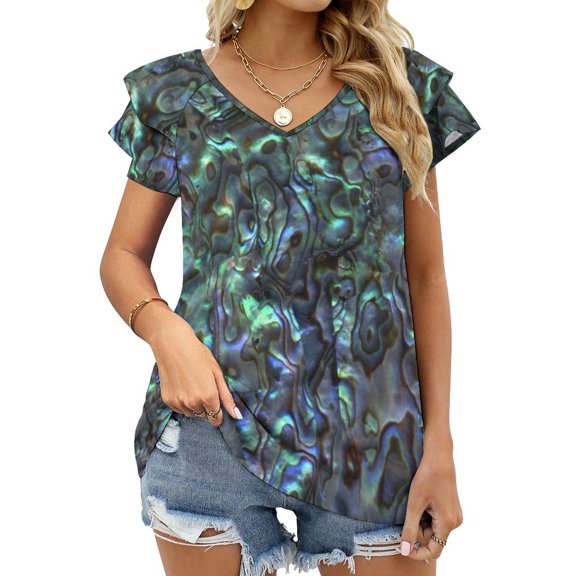 Abalone Shell Paua Shell Seashell Patterns Sea Shells Natural Lotus Leaf Neck Women'S T-Shirt Cute Elegant Tops Tees Long