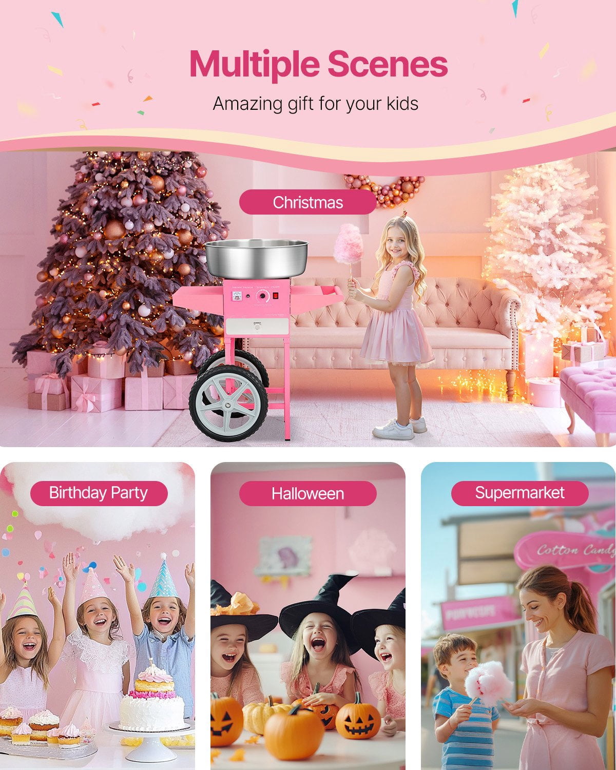 SIHAO Cotton Candy Machine with Cart, 1000W Electric Commercial Candy Floss Maker with 20.5 in Stainless Steel Bowl, Sugar Scoop, and Drawer, for Home, Kids Birthday, Family Party, Pink