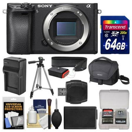 Sony Alpha A6300 4K Wi-Fi Digital Camera Body (Black) with 64GB Card + Case + Battery & Charger + Tripod + Strap + Kit