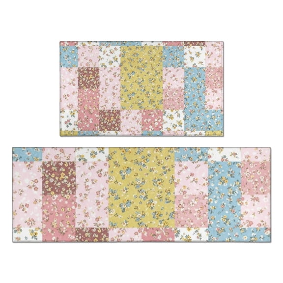 Pioneer Flower Floral Print Pattern Kitchen Rugs Sets Of 2, Anti Fatigue Non Slip Washable Floor Mats for Kitchen Sink Laundry, 17X30 Inch   17X47 Inch