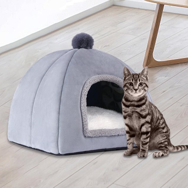 Cama para gatos, cama para perros, cabaña para dormir, siesta relajante, nido para perros y gatos semicerrado suave, tienda de campaña para gatos auto Gris S