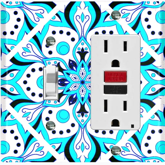 Metal Light Switch Plate Cover Neon Blue Mandala Flower Tile Pattern MDL033