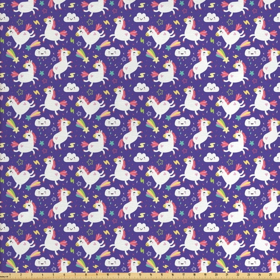 Unicorn Fabric by the Yard, Theme Kawaii Style Inspired Clouds Hearts Rainbows Pattern, Upholstery Fabric for Dining Chairs Home Decor Accents, Dark Indigo and Multicolor by Ambesonne