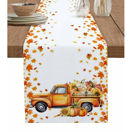 

Orange Thanksgiving Table Runner Truck Pumpkins Maple Leaves Tablerunners 13 x 120 Inch Table Decorations Tabletop Scarf for Summer Gathering Holiday Farmhouse Kitchen Dining Decor