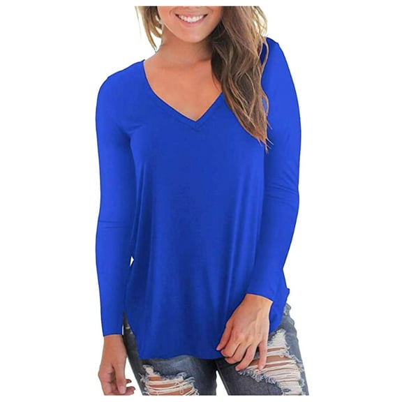 Dtydtpe Fall Outfits for Women, V Neck Solid Color Tops Loose Casual T-Shirt Blouse Womens Long Sleeve Tops