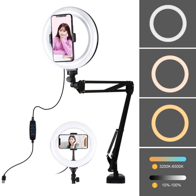 PULUZ 7.9 Inches Ring LED Light Folding Cantilever Bracket Selfie Lamp USB Powered 3 Modes Dimmable Color Temperature 10 Brightness Levels Makeup Video Light Live Broadcast Kits with Phone Clamp