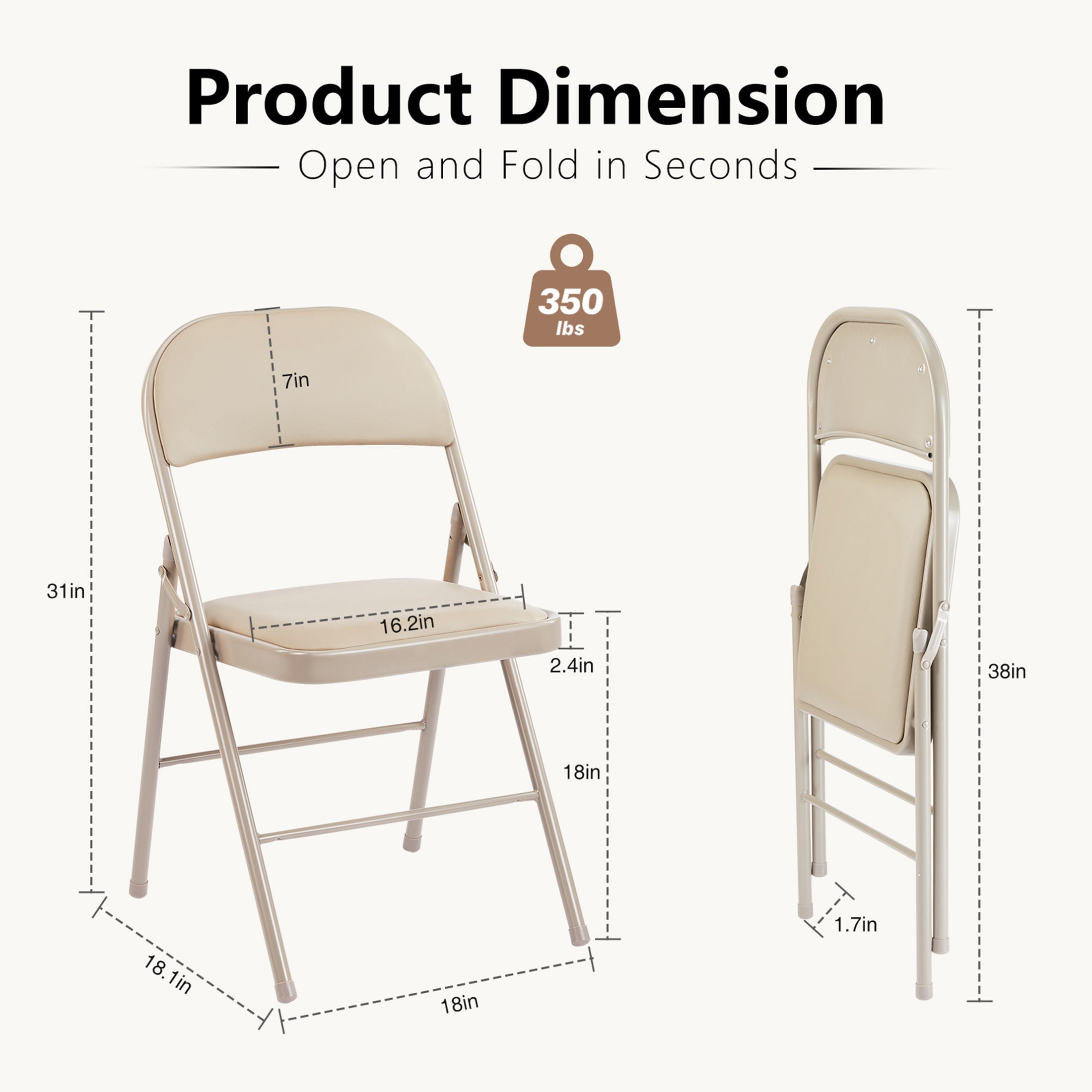 CONCETTA 4 Pack Folding Chair, Indoor Outdoor Portable Stackable Commercial Leather Padded Seat for Home, Office, Party, Kahki