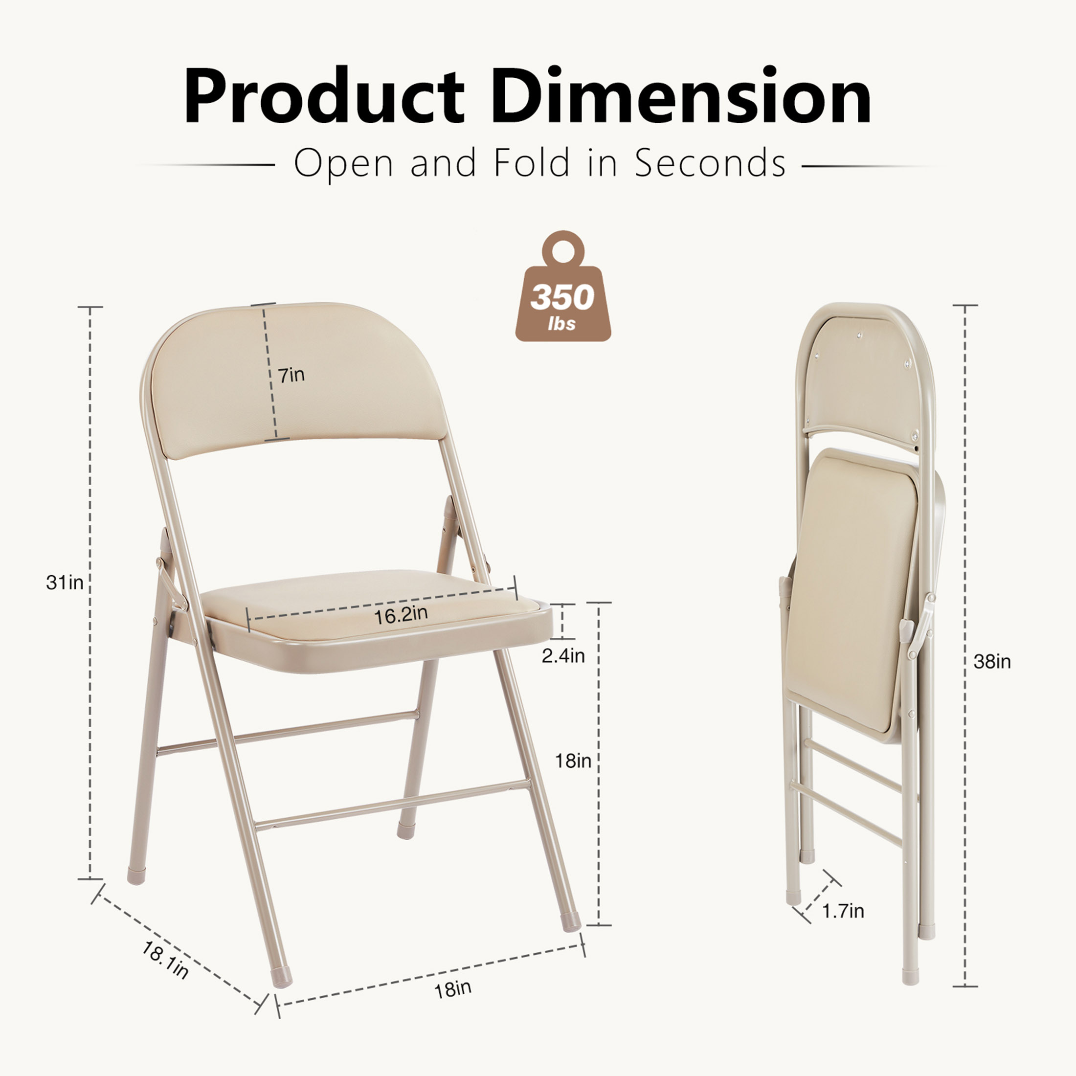 CONCETTA Folding Chairs Set of 2, Padded Leather, Khaki photo 6