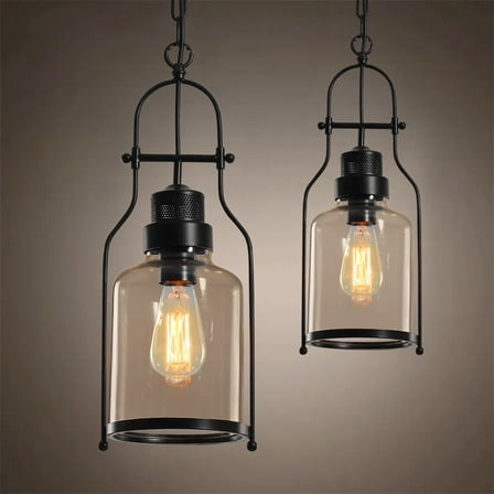 Inejar Industrial Glass Lantern Pendant Light Rustic Metal 1-Light Fixture