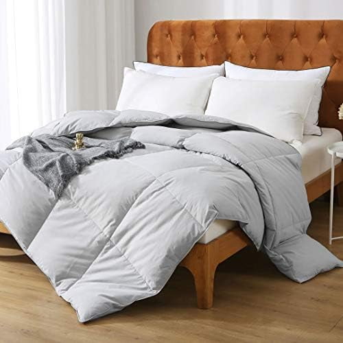 Feathers Down Comforter Twin - 100% Organic Cotton Quilted Medium Warm All Seasons Duvet Insert or Stand-Alone Comforter (68x90, Ivory White)