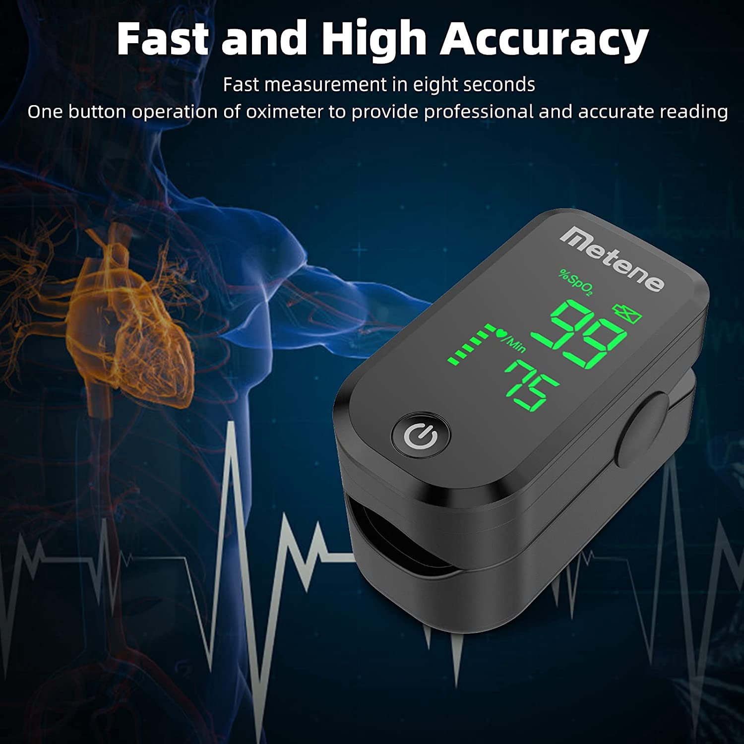 Metene Pulse Oximeter Fingertip, Blood Oxygen Saturation Monitor with Lanyard and Batteries (Black)