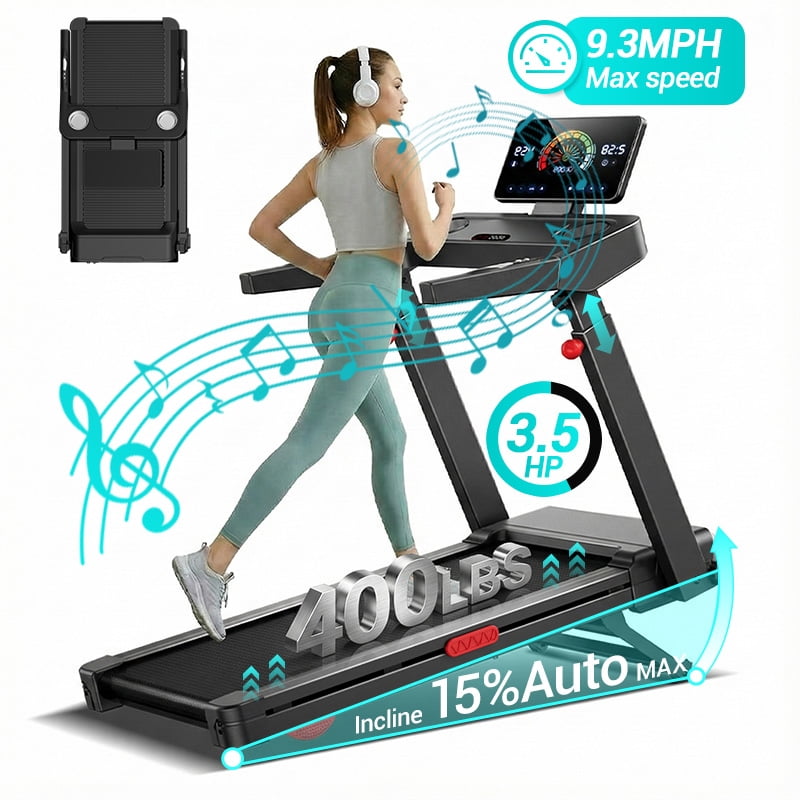 LEZEE 15% Treadmill Auto Incline, Foldable Home Treadmill with 3-Level Adjustable Console and Quiet 3.5 HP Motor, Max. 400lbs
