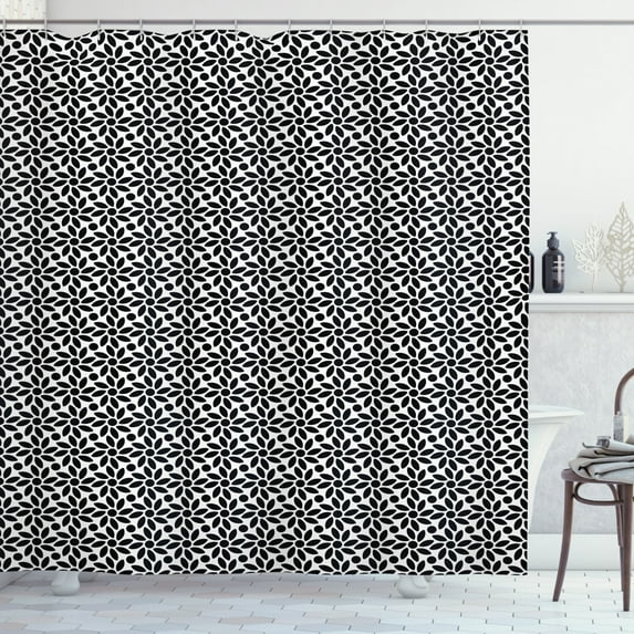 Black and White Shower Curtain, Abstract Monochrome Daisy Motifs Modern and Minimalistic Grid Design, Fabric Bathroom Set with Hooks, 69W X 84L Inches Extra Long, Black and White, by Ambesonne