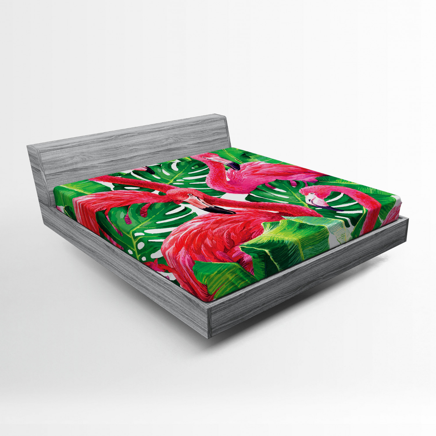 Flamingo Fitted Sheet, Flamingos Sitting on Macro Tropic Exotic Leaves