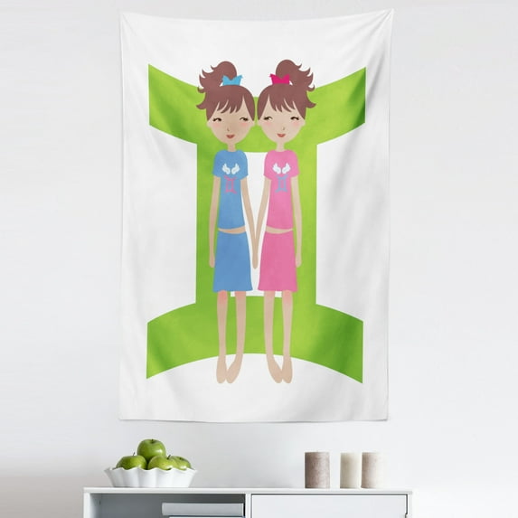Zodiac Gemini Tapestry, Green Sign Background with Twin Girl Cartoon Characters for Teens and, Fabric Wall Hanging Decor for Bedroom Living Room Dorm, 5 Sizes, Multicolor, by Ambesonne
