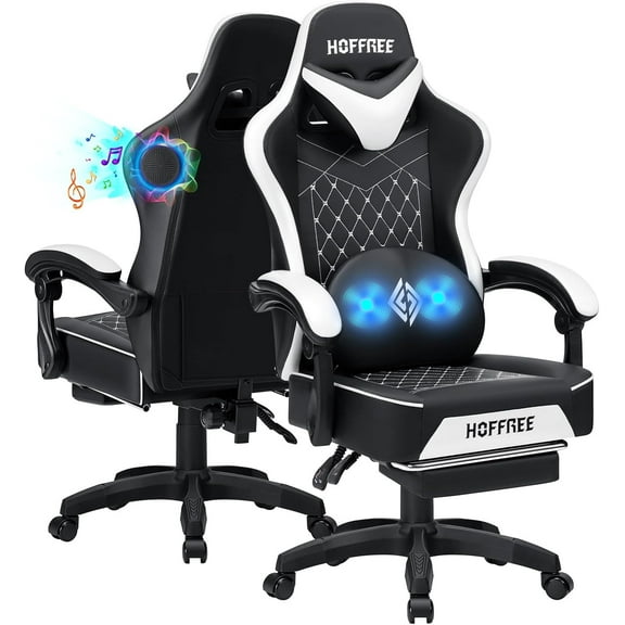 HOFFREE Gaming Chair Computer Chair with Speakers Massage Game Chairs with Footrest Bluetooth High Back Ergonomic Computer Gaming Chairs for Adults Reclining Video Gamer Chair White and Black