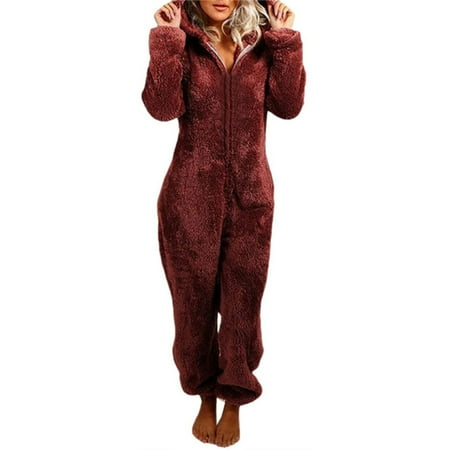 

Adorable Zipper Hooded Jumpsuit Women Fleece Pajama Long Pants Sleepwear Plush Hoodies Sleepwear L Wine Red