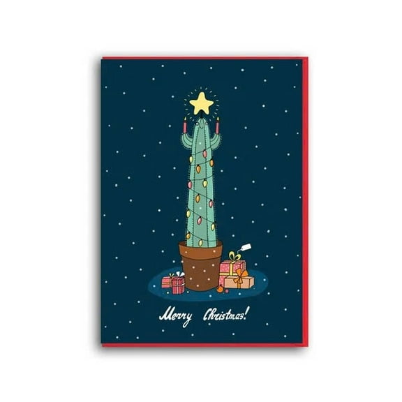 Funny Christmas Card – “Merry Christmas!” Cactus Design with Gifts – Festive Envelope Included, Blank Inside – Perfect Holiday Greeting Card for Friends and Family