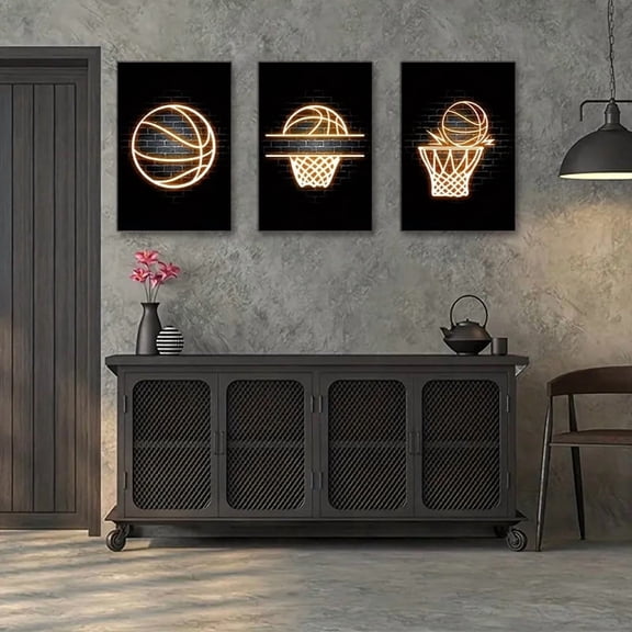 3pcs Frameless Basketball Posters And Prints Wall Art, Neon Painting On Canvas, Modern Murals, Teenage Boys Room Decoration Picture, Frameless