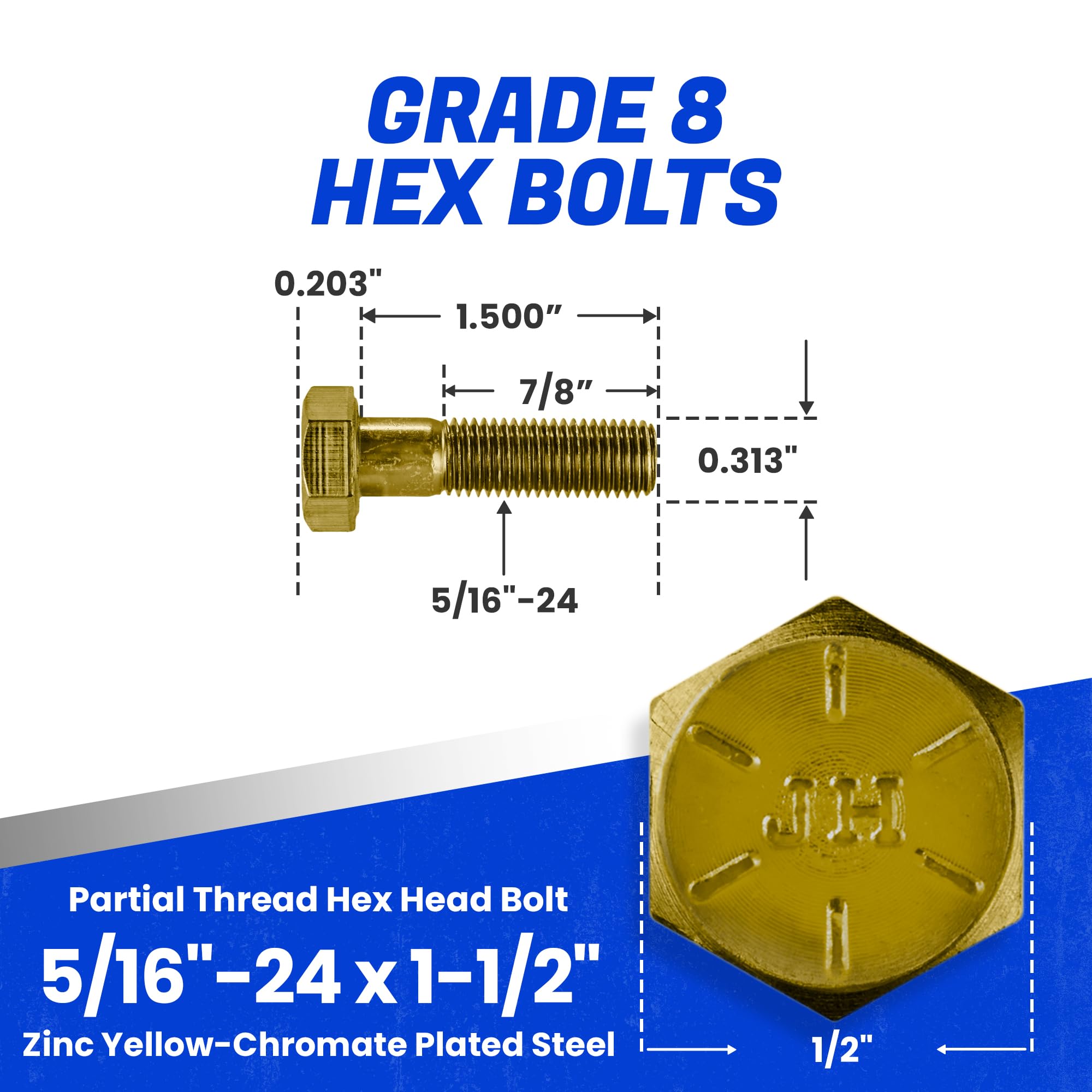 Fastenere 5/16"-24 x 1-1/2" Hex Bolts Grade 8 Zinc Yellow-Chromate Plated Steel, Partial Threaded Durable Hex Bolts for Machinery & Construction, Rust-Resistant, Heavy-Duty Fasteners, Pack of 25