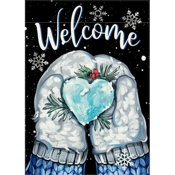 Welcome Winter Mitten Decorative Garden Flag, Love Heart Snowflake Yard Outside Decorations, Christmas Seasonal Burlap Outdoor Small Home Decor Double Sided 12 x 18