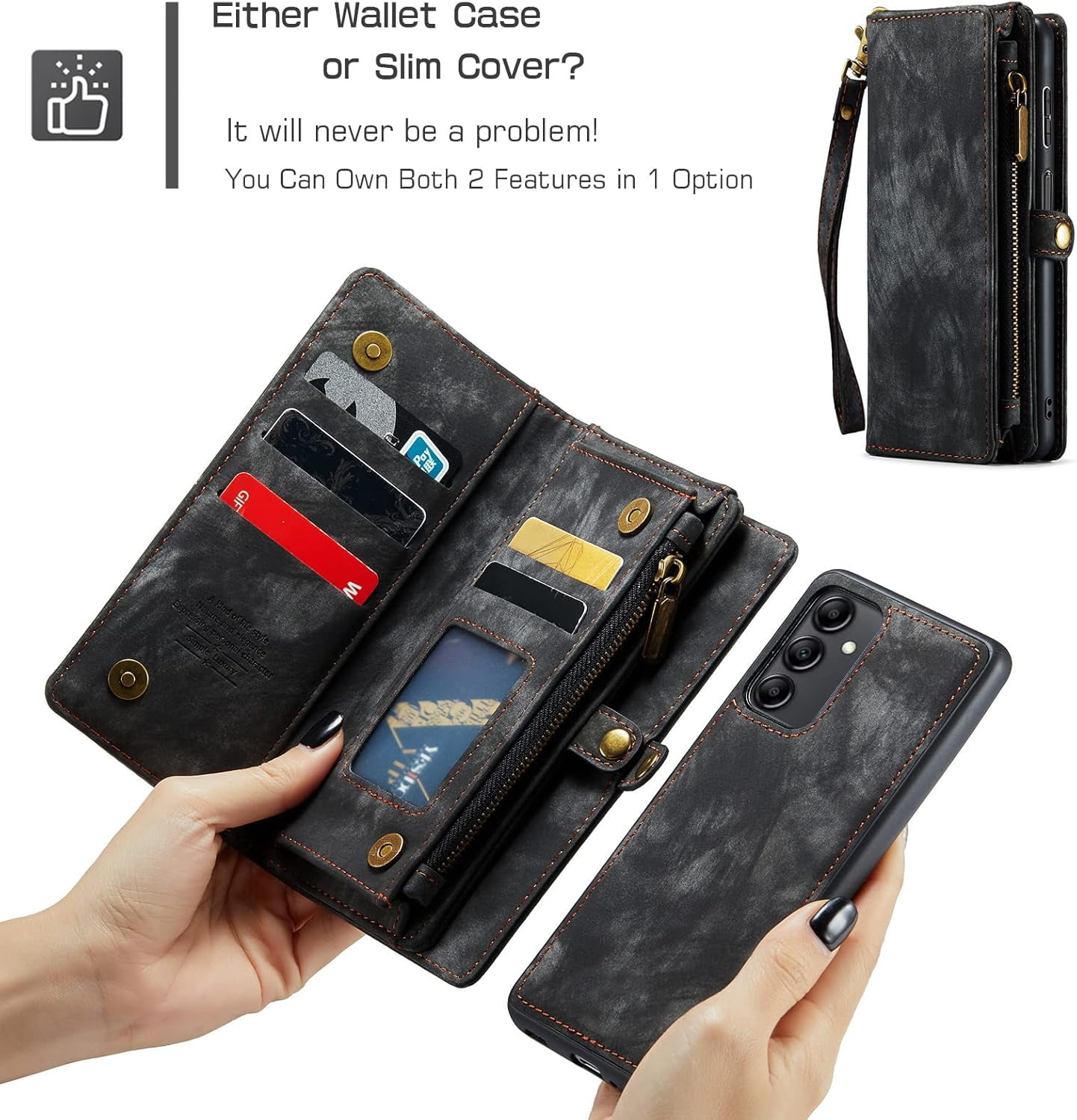 Phone Case for Samsung Galaxy A14 5G Zipper Wallet Detachable Cover with Tempered Glass Screen Protector and Leather Flip Credit Card Holder TPU Cell Accessories A 14 4G 14A G5 Women Men Black