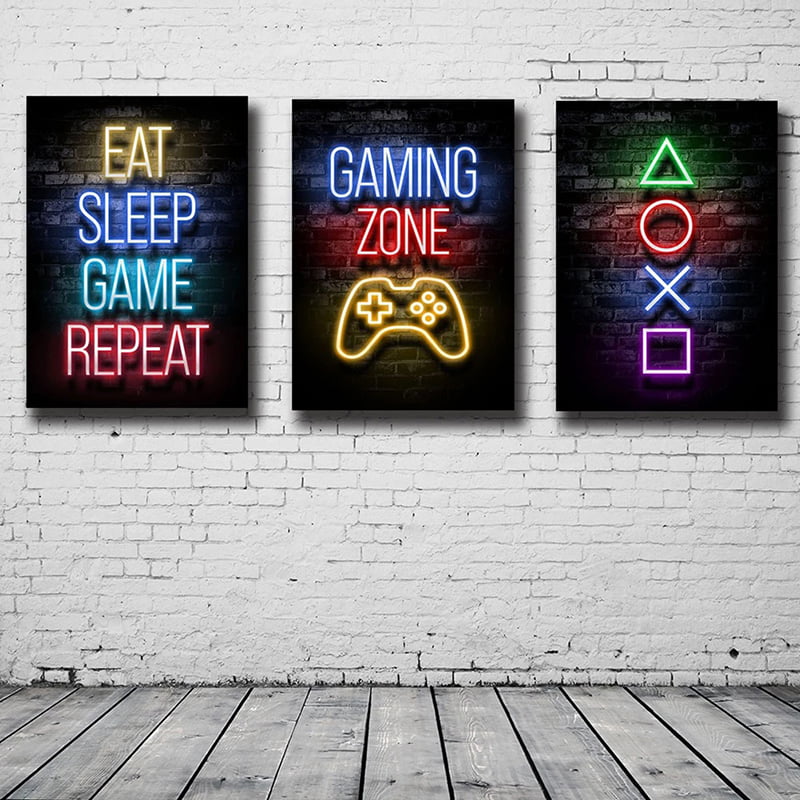 Eat Sleep Game Repeat Neon Colourful Print Kids Poster Gaming 