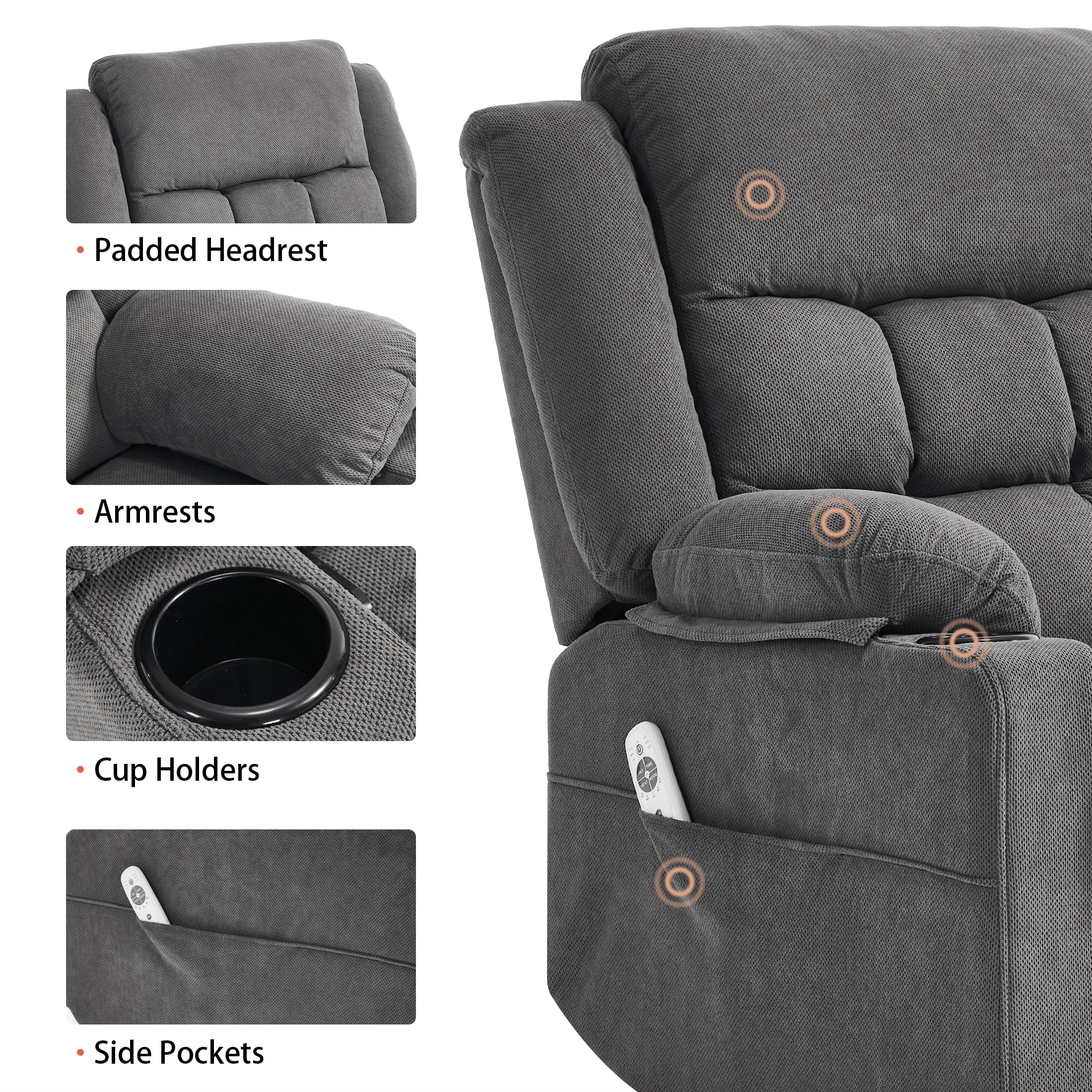 Swivel Rocker Recliner Chair for Adults with Massage and Heat, Cup Holders and Side Pockets, Glider Rocking Reclining Single Sofa Chair for Living Room (Dark Grey)