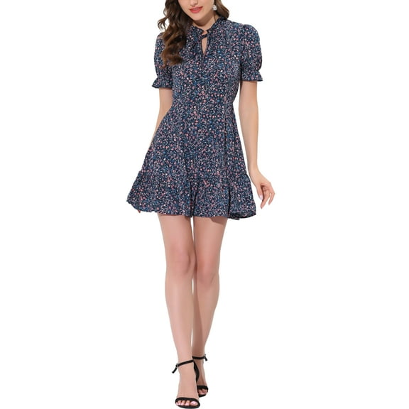 Allegra K Women's Ruffle Floral Bow Tie Chiffon Puff Short Sleeve Fit & Flare Dress