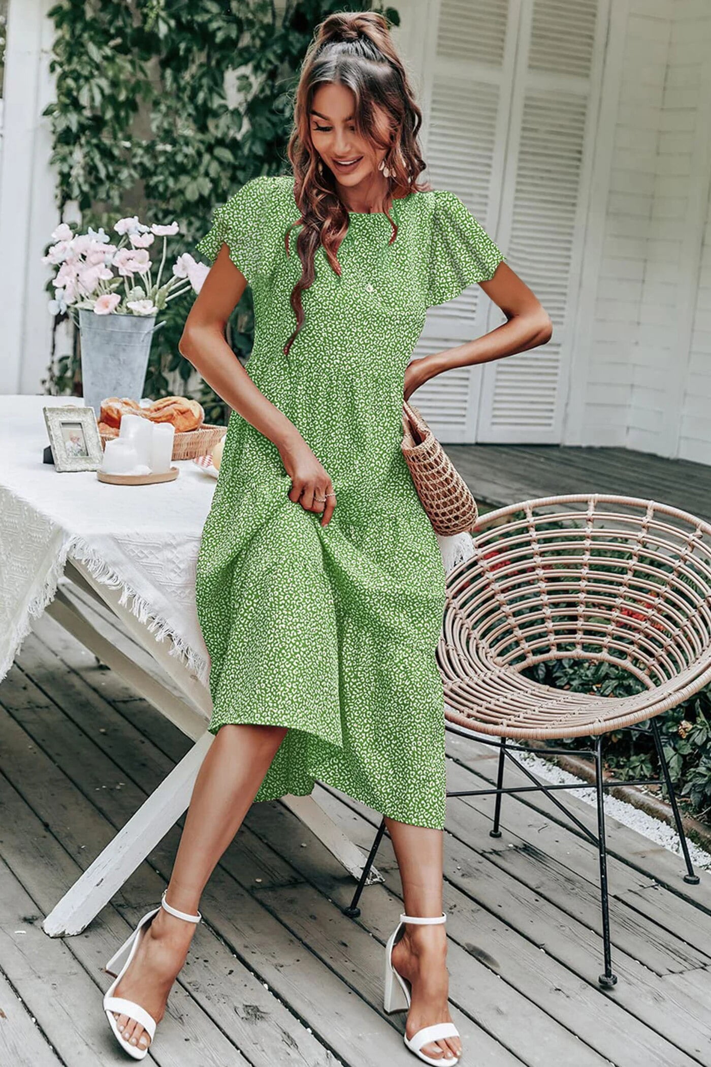 Fantaslook Dresses for Women Summer Casual Boho Dress Floral Print Ruffle Sleeve Midi Beach Dresses
